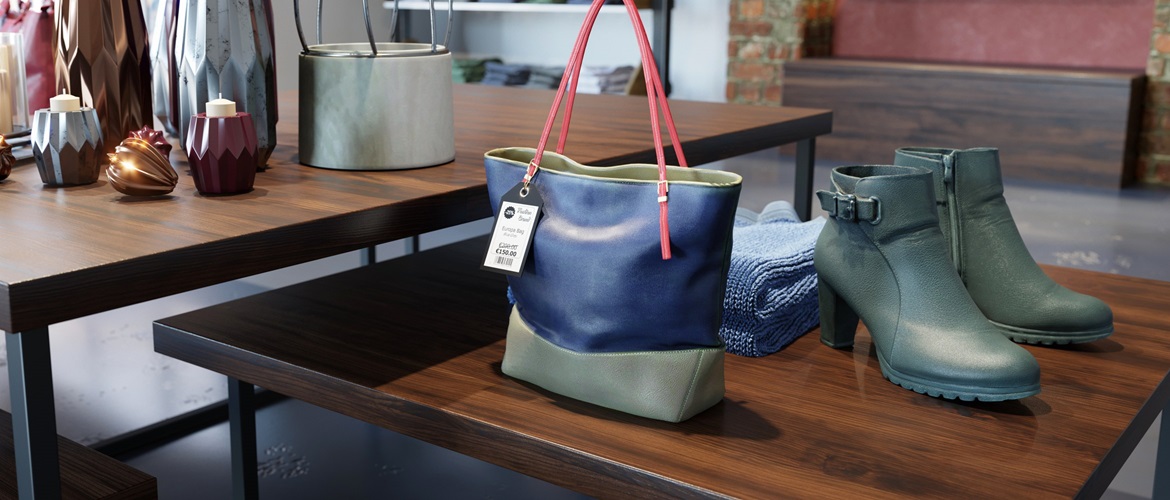 borsa con un'etichetta di vendita esposta in negozio con scarpe
