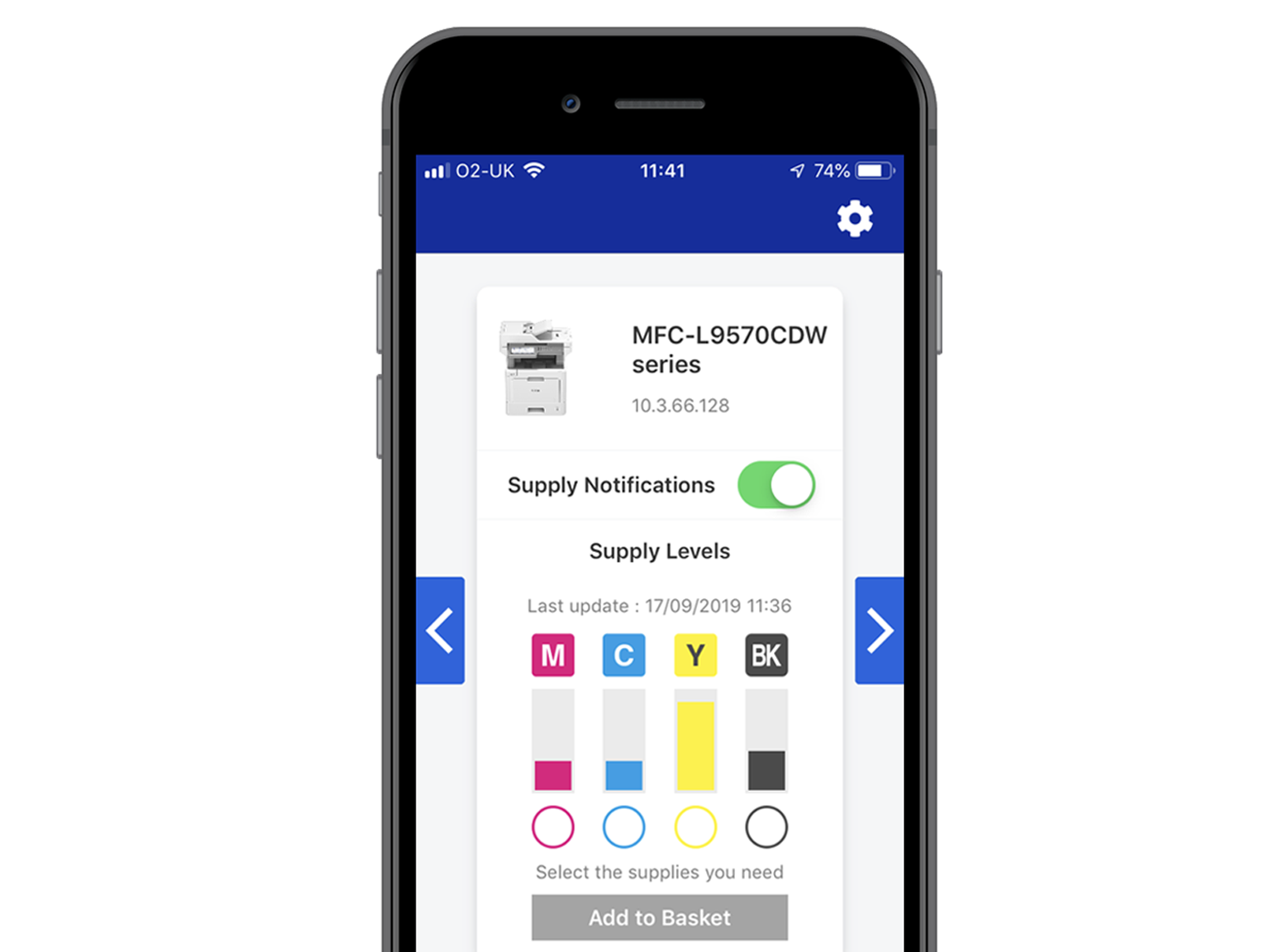 Schermata app My Supplies con messaggio toner insufficiente